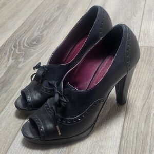 Coach Peep Toe Lace-Up Claudine Black Leather Pumps Size 7.5